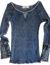 American Able Blue Long Mineral Wash Waffle Sleeve Paisley Cuff Shirt USA Size S