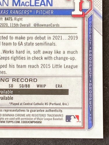 Dylan MacLean 2021 Bowman Chrome Sapphire 1st Prospect Auto #BSPA-DMA - Picture 9 of 10