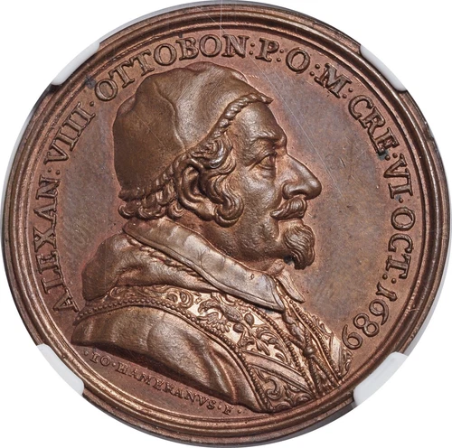 1689, Vatican, Pope Alexander VIII. Bronze "Accession" Medal. NGC MS-65 BN!