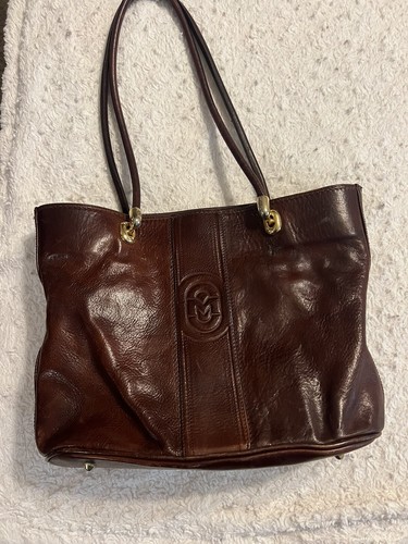 Marino Orlandi Vintage Braun Leder Prägung Logo Schultertasche Gold Hardware