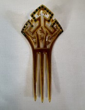 Antique Hair Comb Lucite,Faux Tortoise Green Rhinestones Floral