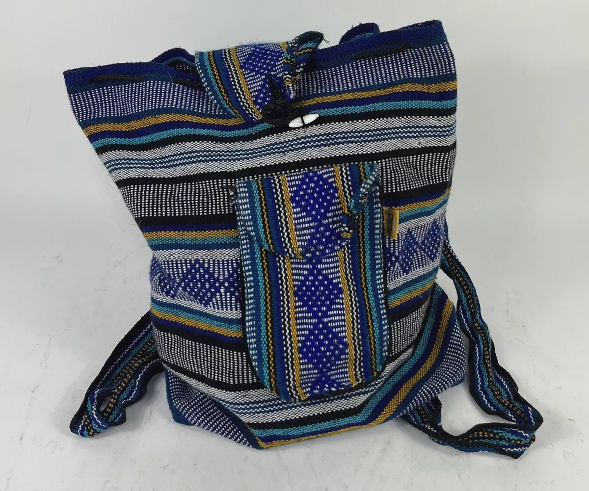 Flores Bag Textile Backpack Weaved 2 Pockets Black/Blue Artesian Purse
