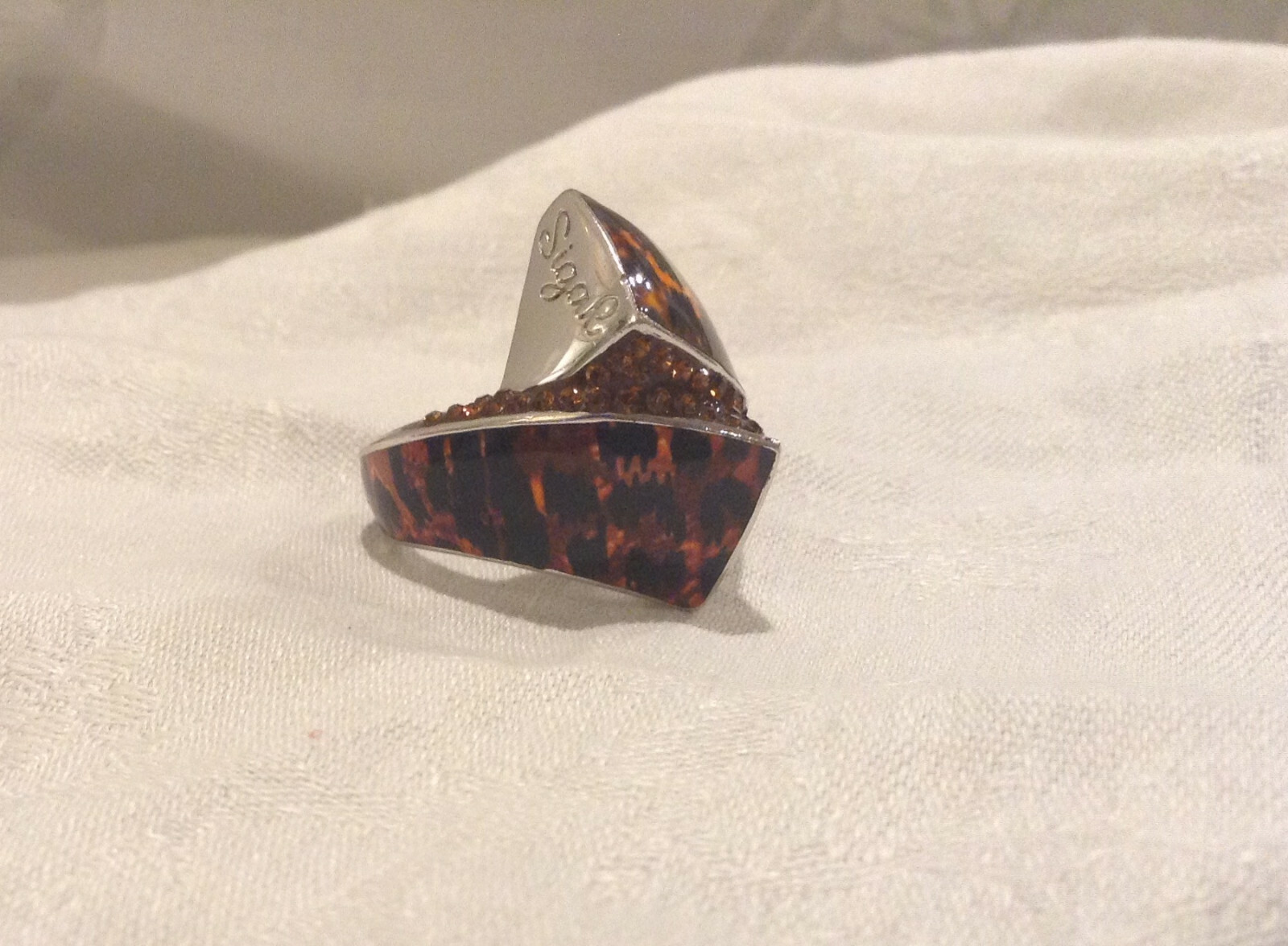 DAVID SIGAL Sterling Enamel Bypass Modernistic Tortoise Swarovski