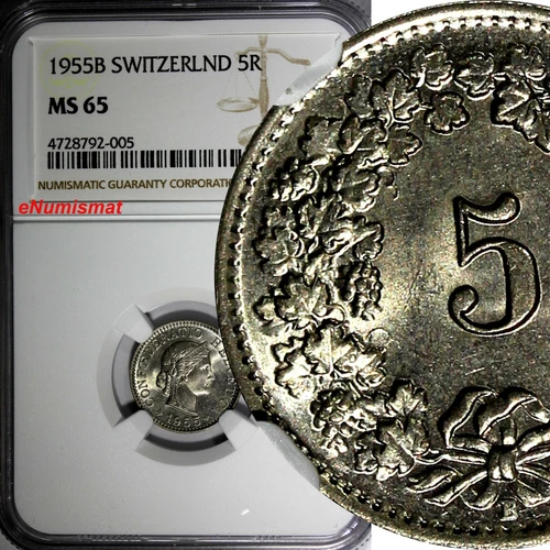 SWITZERLAND Copper-Nickel 1955 B 5 Rappen NGC MS65 HELVETICA KM# 26 (005)