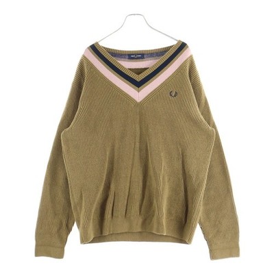 Fred Perry Logo Embroidery V-Neck Knit Sweater Brown