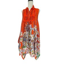Johnny Was Orange Silk Paisley Floral Handkerchief Hem Tunic Mini Dress M
