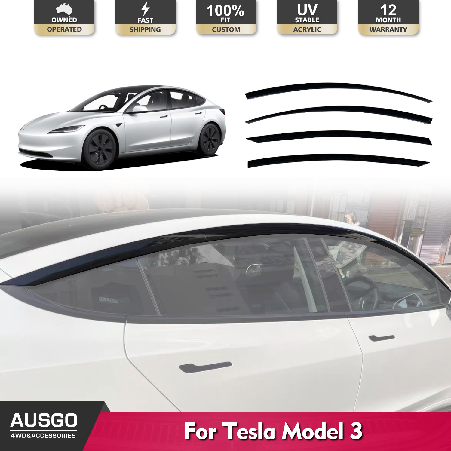 AUSGO Injection Weather Shields for Tesla Model 3 2019-Onwards Weathershields