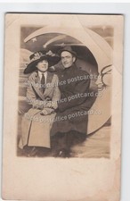 Couple on Paper Moon-Studio Portrait-Woman w/ Big Hat-RPPC Real Photo Postcard