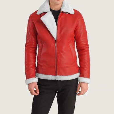 Men's RAF B4 Aviator Bomber Flight Leather Jacket  Shearling Fur Santa Sheepskin