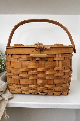 美品　Vintage picnic basket Vintage Handwoven Wooden Picnic Basket with Lid & Handle | eBay
