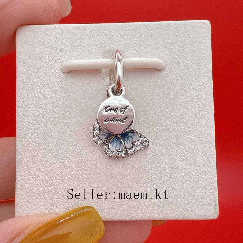 Dije doble colgante de plata de ley 925 mariposa azul y cita, encanto de mariposa Foto 3 de 3