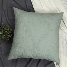 Quilted Euro Sham Sage Green Damask 26x26 Set of 2 Embroidered Floral Texture...