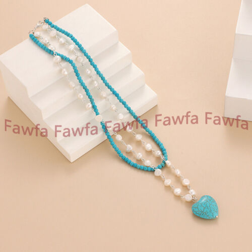 2 Row Natural White Baroque Pearl 4mm Blue Turquoise Gems Beads Pendant Necklace - Picture 3 of 5