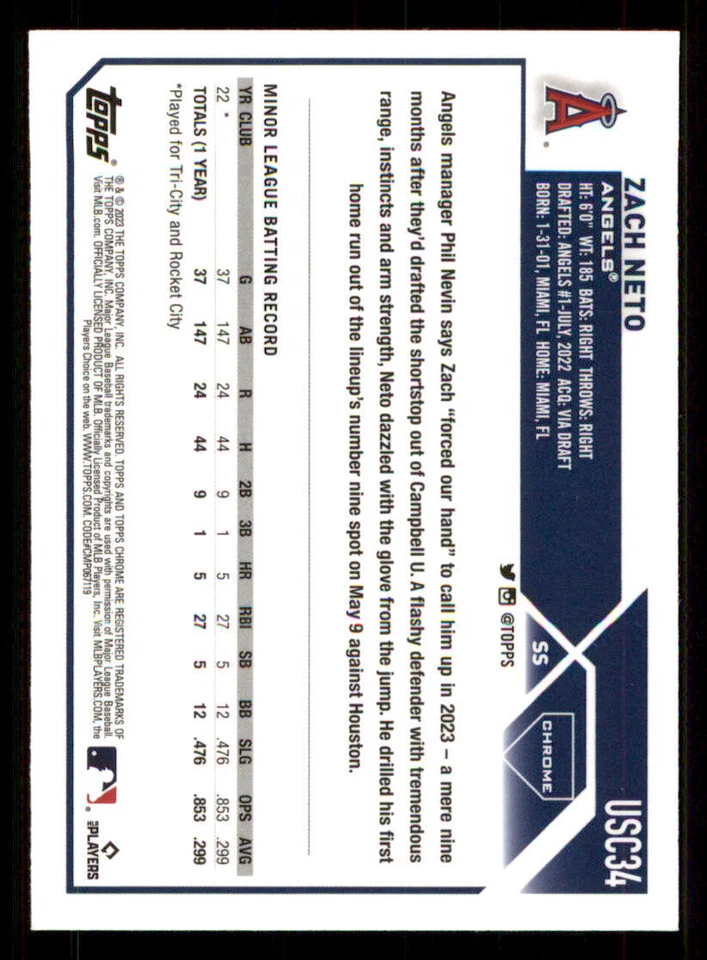 2023 Topps Chrome Update #USC34 Zach Neto RC - Image 2 of 2