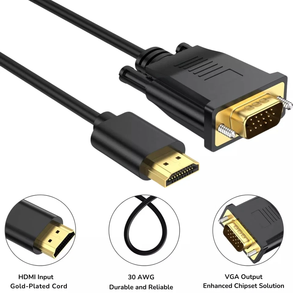 HDMI to VGA Cable Monitor Lead PC XBOX Laptop Converter Adapter (Bidirectional) - Image 3 of 4