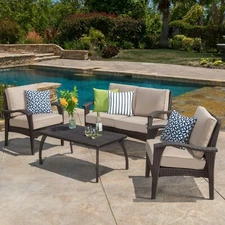 Outdoor Wicker 4 Seater Chat Set with Cushions, Brown