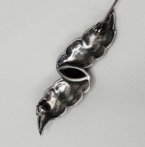 Vintage Sterling Silver Leaf Brooch Black Onyx Stone Textured Pin Marked - Picture 5 of 12