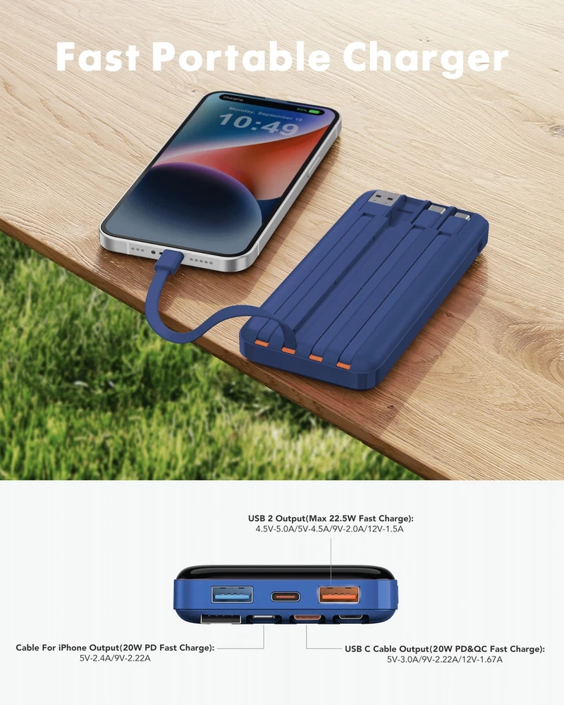 Power Bank 20000mah 20w Fast Charging Portable Charger With Builtin Cables Usb C