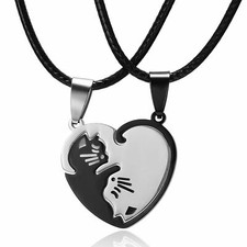 Black White Yin Yang Heart Cat Pendant Friendship Necklace