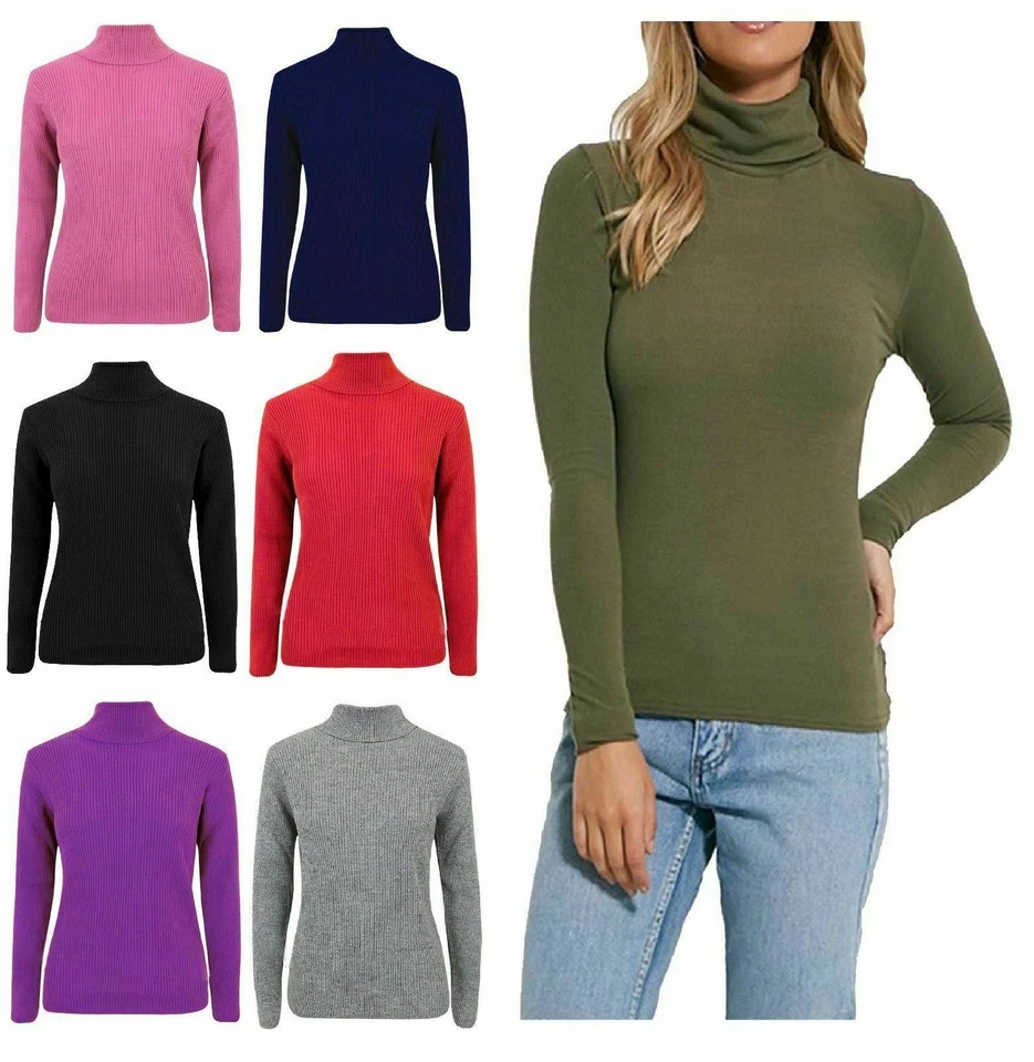 METLUQ Ladies Thin Turtle Neck Casual High Polo Neck Long Sleeve Ribbed Jumper Top UK