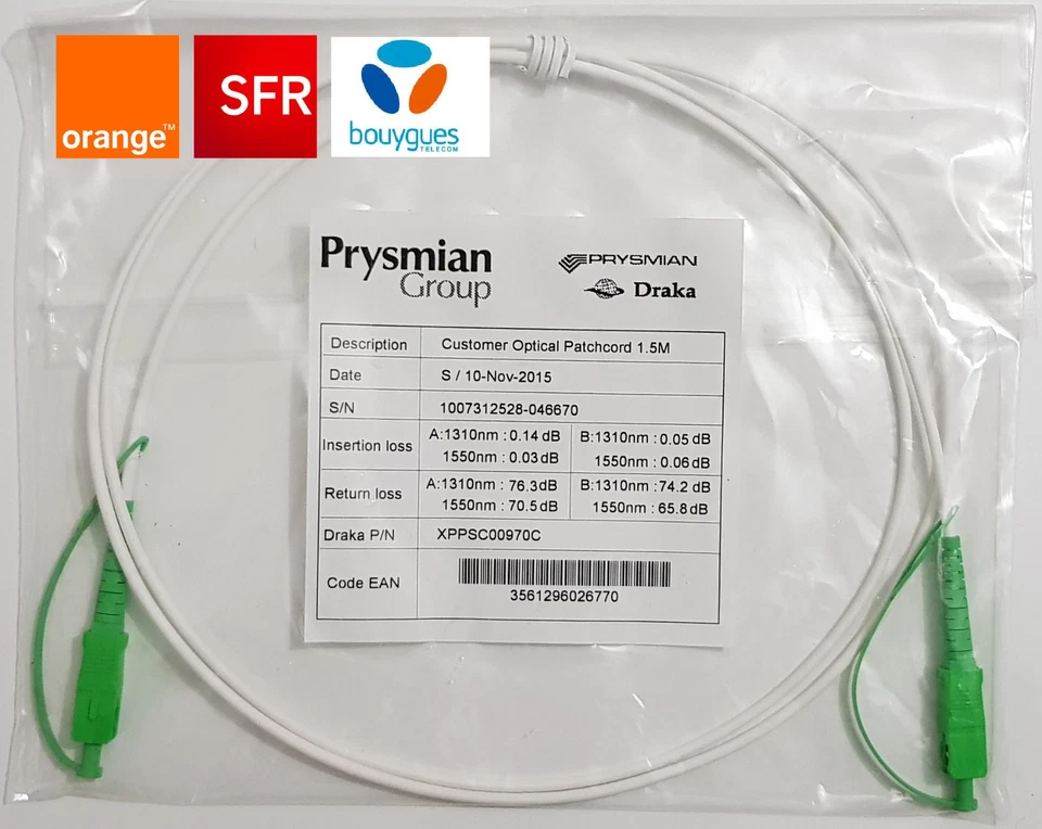 Cable fibre optique pour box SFR/Orange/ Bouygues 1,5m/2m/3m/5m/10m - Photo 1/1