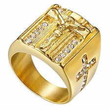 Mens Stainless Steel Gold CZ Jesus Prayer Cross Crucifix Ring For Men Size 8-13