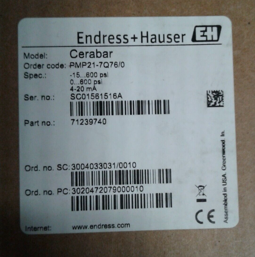 Endress + Hauser Cerabar PMP21-7Q76/0 Transmitter 71239740 - New