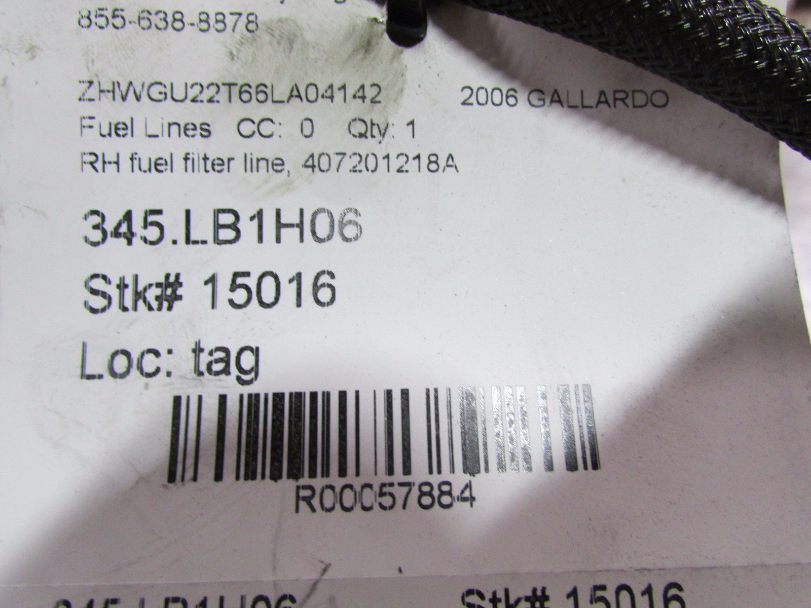 Lamborghini Gallardo Spyder, RH Right Fuel Filter Feed Line, P/N 407201218A