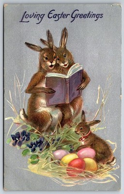 TUCK~Easter Fantasy~Rabbits w/Book Sing~Bunny~Eggs~Silver~c1910 Vintage Postcard