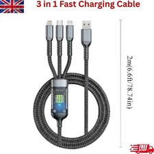 Nylon Braided Multi 3 in 1 Fast Charging Cable for iPhone/Type A/C, Length 2m