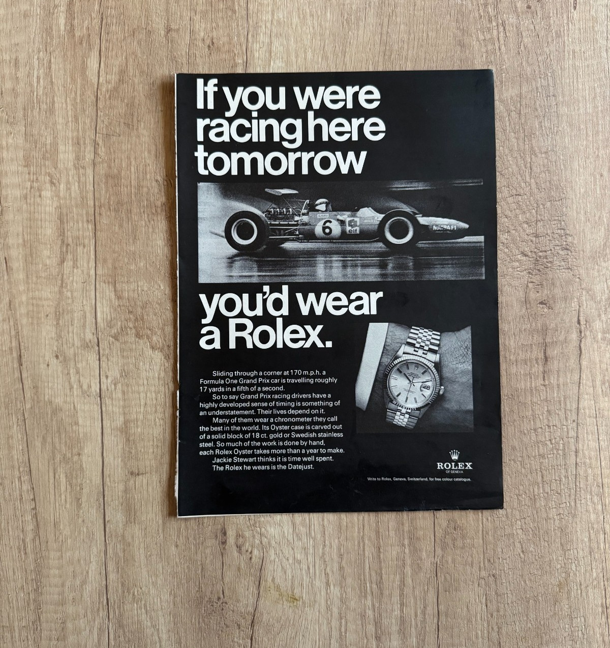 QUADRO 1969 ROLEX DATEJUST F1 JACKIE STEWART PUBBLICITÀ GIORNALE OROLOGIO LUSSO foto 2