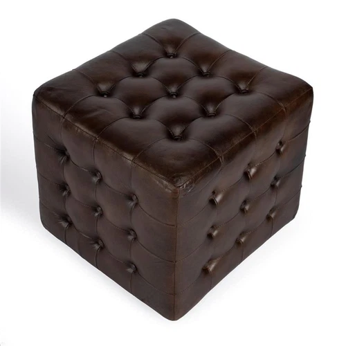Leon Button Tufted Leather Ottoman - Picture 2 of 3