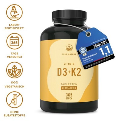 Vitamin D3 K2 Testsieger 2.500 IE   365 Tabletten (1 Jahr Vorrat) - TRUE NATURE 