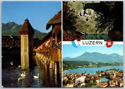 Luzern Switzerland Scenic Postcard Featuring Kapellbrücke & Lion