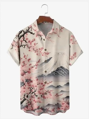 Mens Japan Inspired Mt Fuji and Cherry Blossoms Short Sleeve Casual Shirt