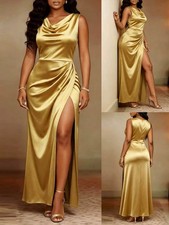 LATEST DESIGN Gold Sleeveless Side Split Ruched Long Evening Dress Size 10