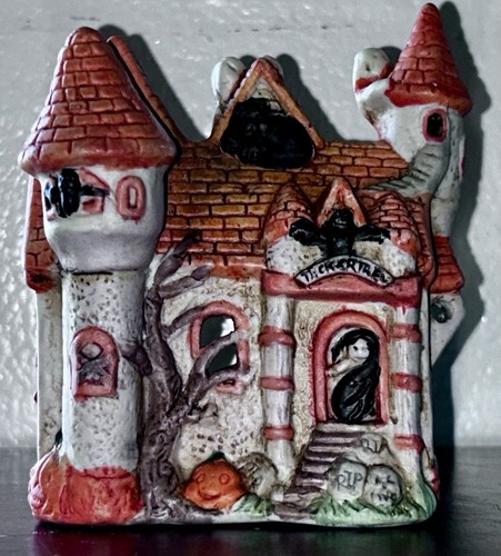 Vintage 90s Haunted House Black Cat Ghost Halloween Village 5” Tea Light Holder