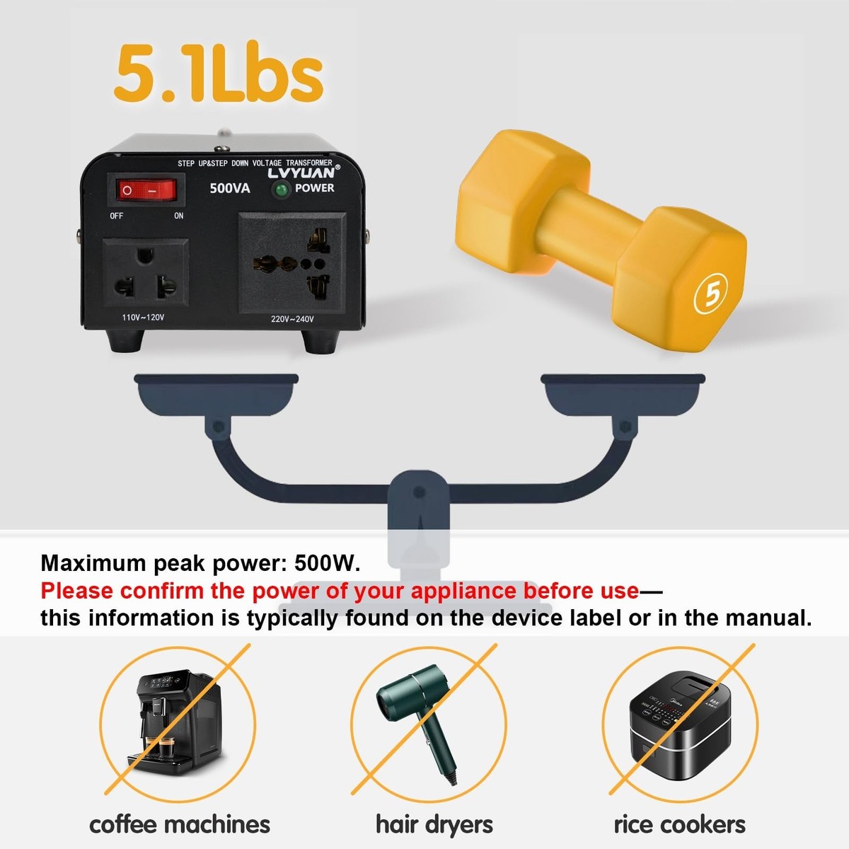 Transformateur de tension japonais 500 W - Step Up/Down 100 V à 120 V / 120 V à 100 V - Convertisseur de puissance robuste avec protection fusible et cordon entièrement mis à la terre (JP-500