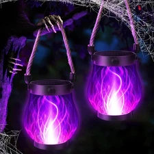 iBaycon 2 Pack Solar Lanterns Lights, Halloween Flickering Flame Garden Lights w