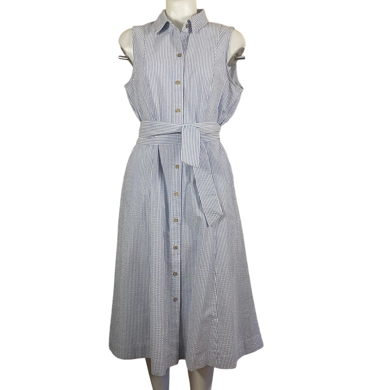 Anne Klein Blue White Seersucker Striped Sleeveless Midi Shirt Dress Size 12
Opens in a new window o
