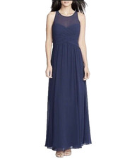 RALPH LAUREN Evening Navy Ruched Pleated Sweetheart Sheer Illusion Gown Dress 6