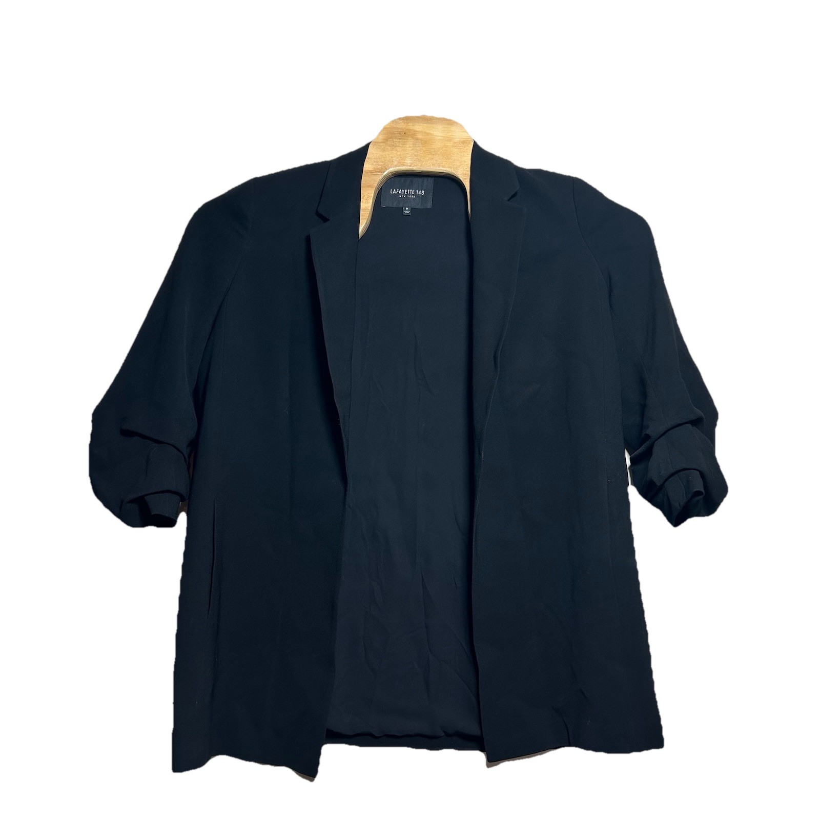 Lafayette 148 Size M Career Open Front Blazer Jacket Black Scrunched Sleeve