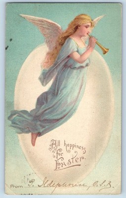 c1900's Easter Holy Angel With Horn Giant Egg Posted Antique Postcard