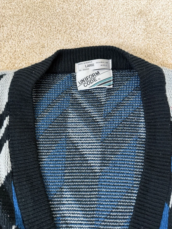 Cárdigan Suéter Vintage Para Hombre L CÓDIGO UNIFORME 100% LANA Retro Años 90 Azul Negro Foto 2 de 4