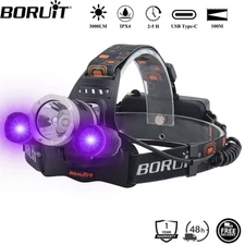 BORUiT RJ-3000 UV LED Headlamp 390nm 3000LM Type-C Rechargeable Waterproof