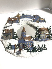 Christmas Wreath Church Glittered Snow Wreath Snowy Village & Trees Ceramic VTG