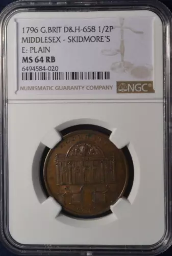 1796 G.Brit D&H-658 1/2P Middlesex-Skidmore's E: Plain NGC MS64RB FINEST KNOWN!