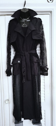 Chic Black Contrast Mesh Open Front Long Trench Coat M - Picture 12 of 13