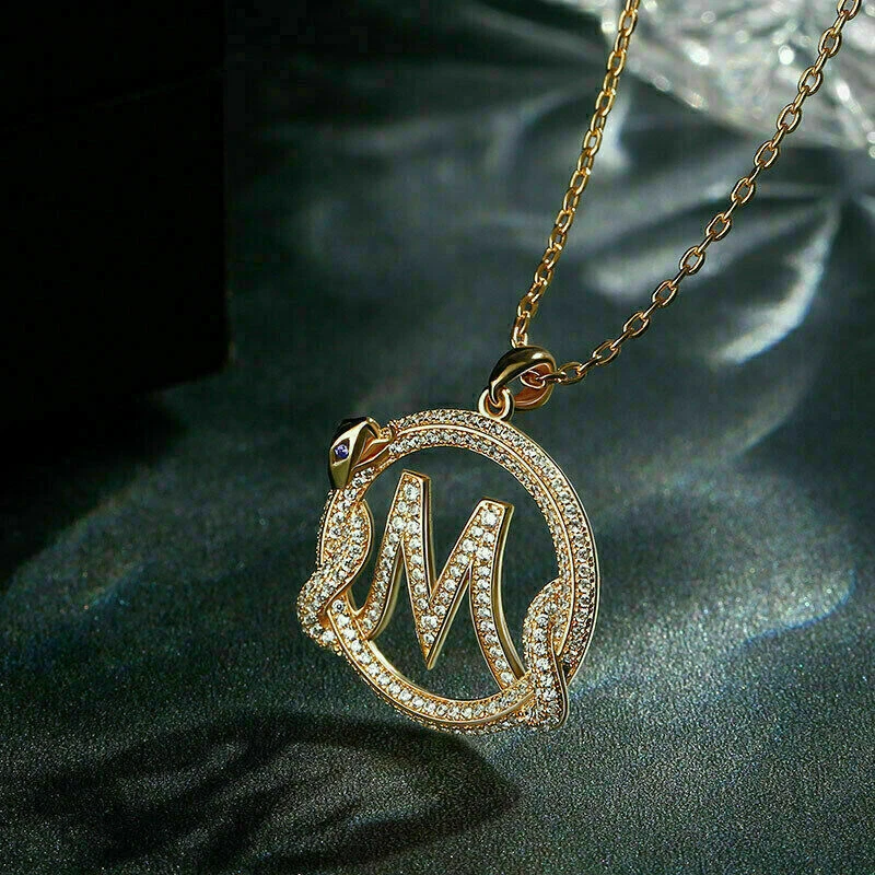Custom M letter Pendant With Chain 14K Yellow Gold Finish 2Ct Simulated Diamond