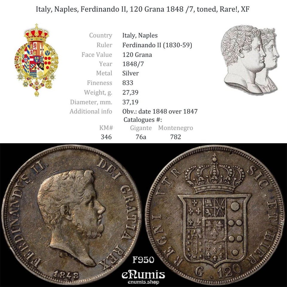 Italy, Naples, Ferdinando II, 120 Grana 1848 /7, toned, Rare!, XF - Image 4 of 4